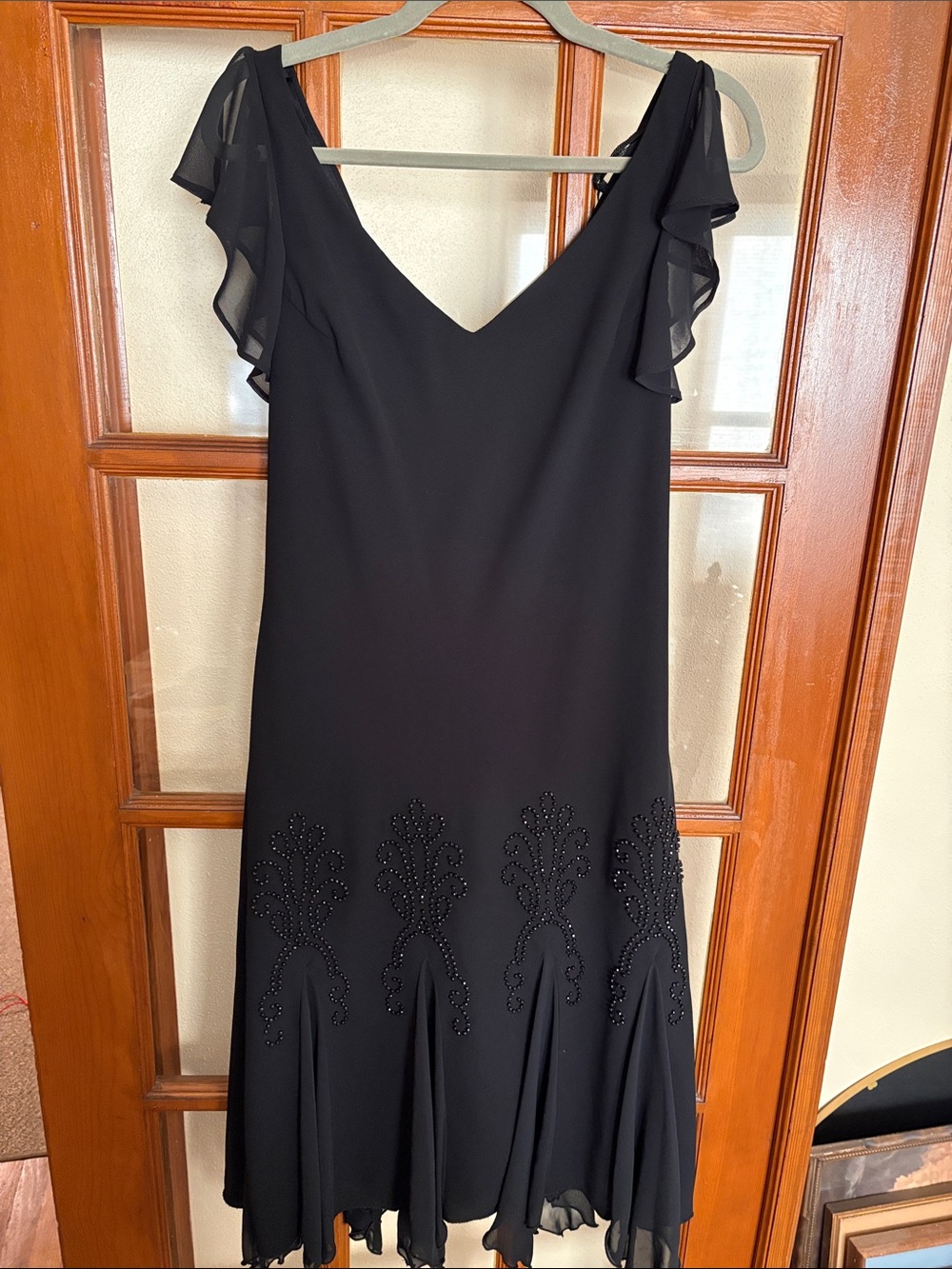 S.L. Fashions Black V-Neck Midi Dress with Beaded Hem